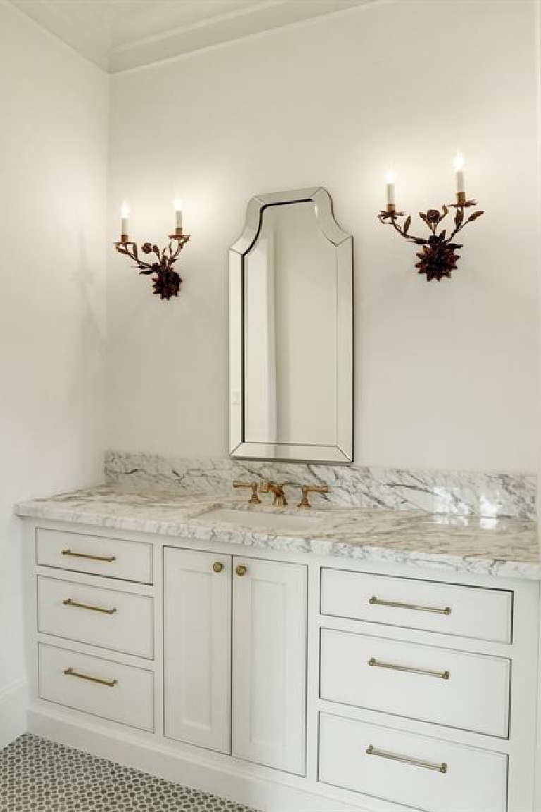 Bathroom in breathtaking French inspired Houston Home (2535 Inwood). #frenchcountry #housedesign #interiordesign #luxuryhome #frenchhome #sophisticateddecor #bathroomdesign