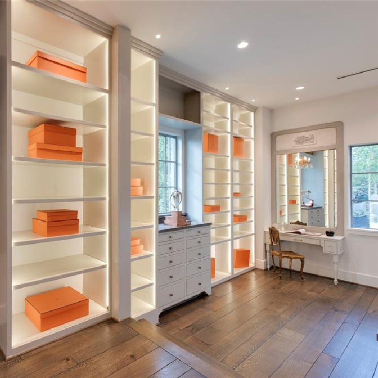 Boutique style luxury closet in Stunning French inspired luxury home in Houston. #luxuryhome #frenchhome #frenchcountry #sophisticateddecor #timelessdesign