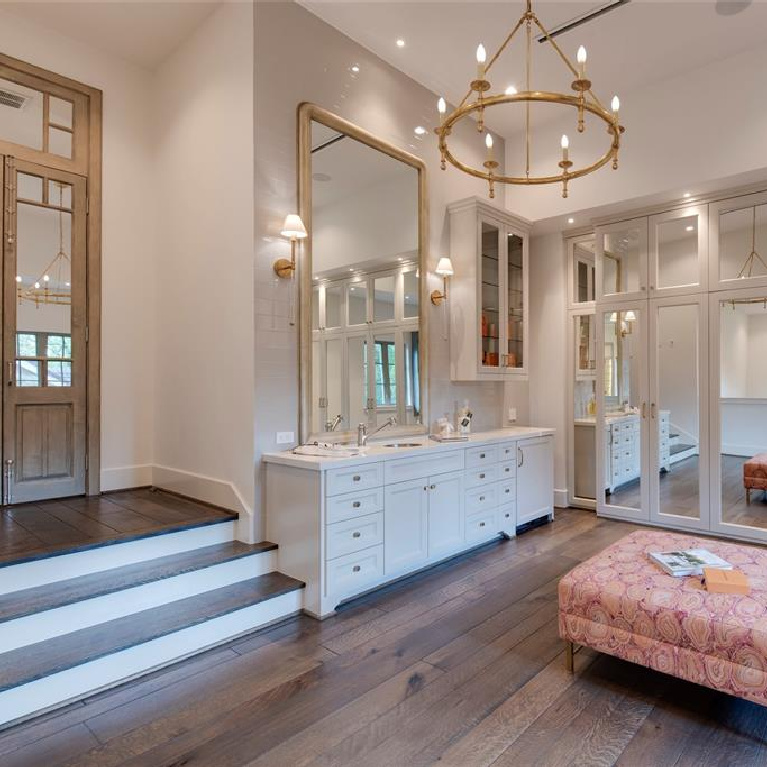 Gorgeous multi-level dressing room retreat in Stunning French inspired luxury home in Houston. #luxuryhome #frenchhome #frenchcountry #sophisticateddecor #timelessdesign #dressingroom