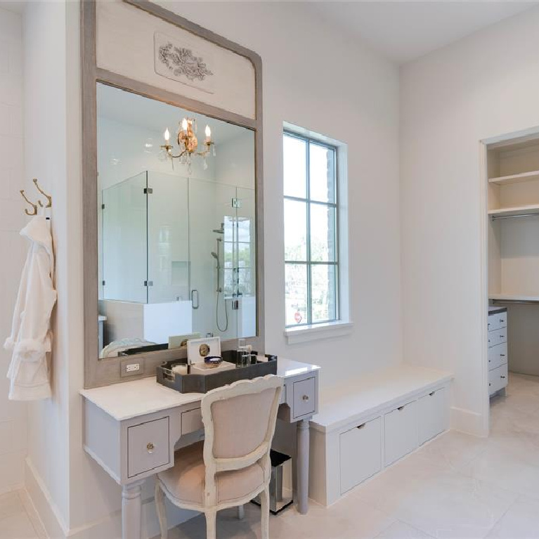 Vanity in dressing room of Stunning French inspired luxury home in Houston. #luxuryhome #frenchhome #frenchcountry #sophisticateddecor #timelessdesign #dressingroom