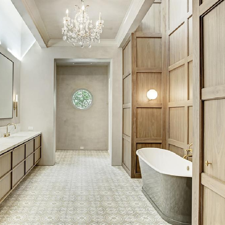 Old world elegance, authentic European antique construction materials, and Segreto finishes throughout this stunning Houston home. #luxuryhomes #interiodesign #oldworldstyle #frenchcountry #sophisticateddecor #bathroomdesign