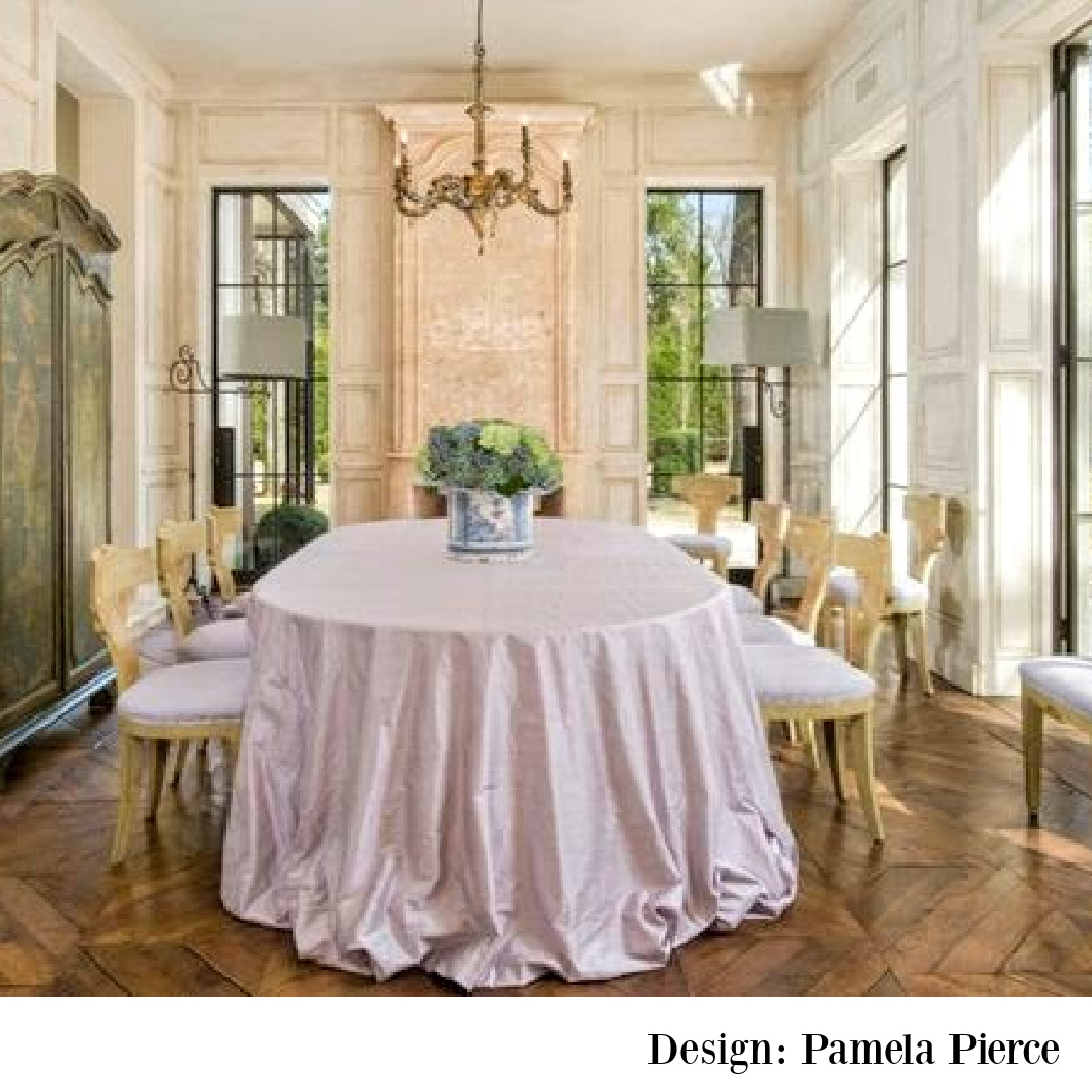 Elegant country French farmhouse dining room designed by Pamela Pierce in a Houston home by Reagan Andre. #diningrooms #frenchcountry #pamelapierce #oldworld #european #antiques