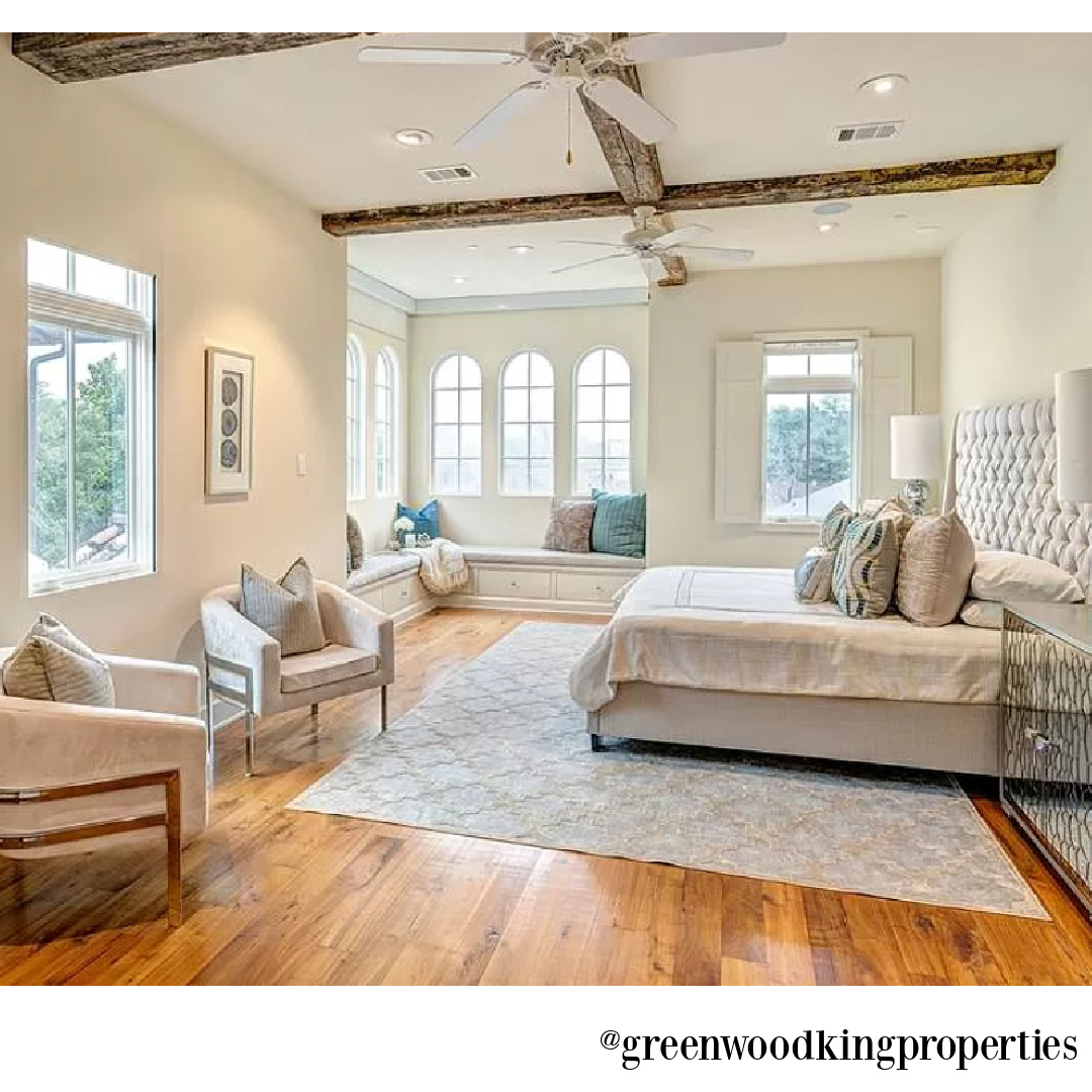 Bedroom in modern French Houston Home (1119 Berthea St.) - @greenwoodkingproperties. #modernfrench #interiordesign #bedrooms