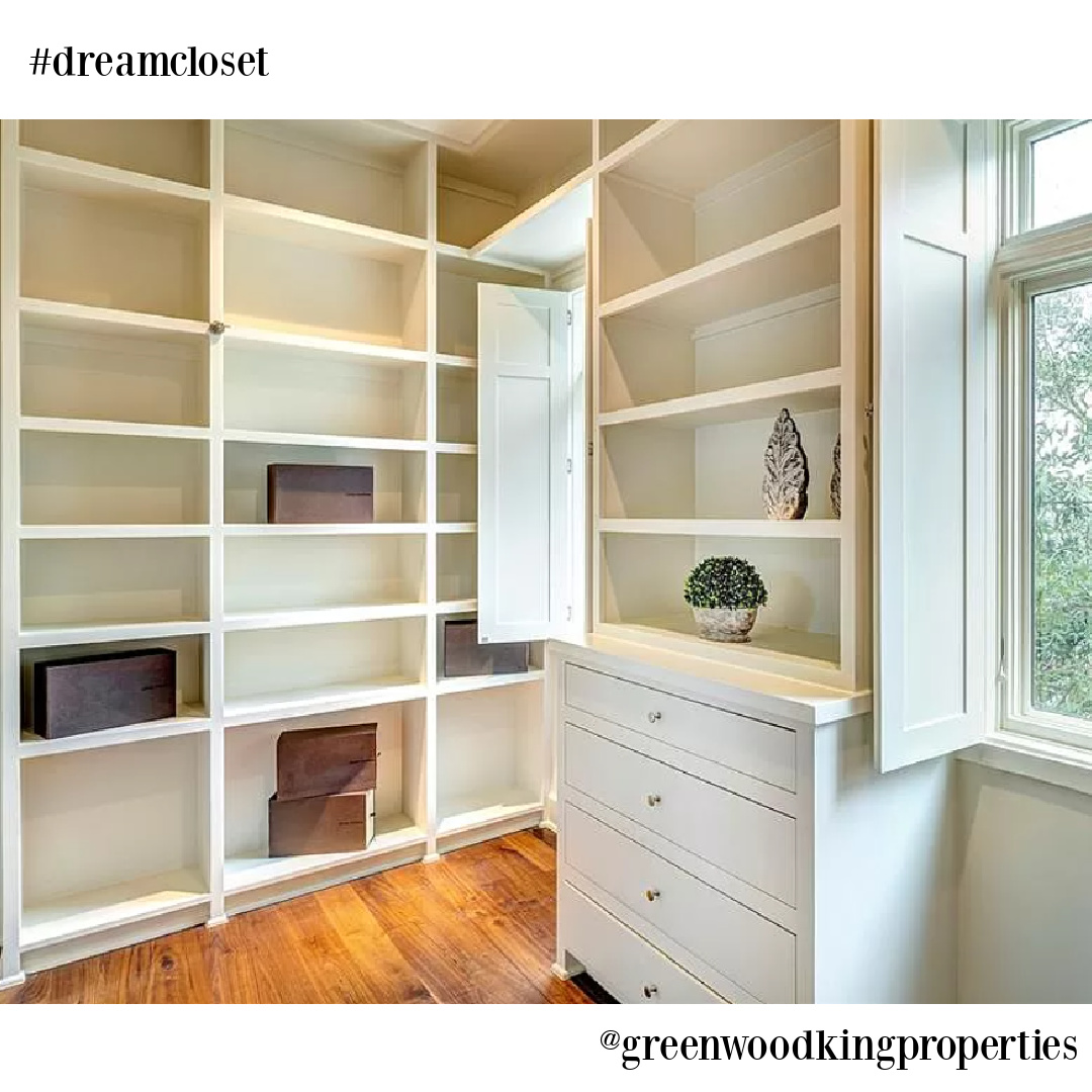 Closet in modern French Houston Home (1119 Berthea St.) - @greenwoodkingproperties. #modernfrench #interiordesign #dreamcloset