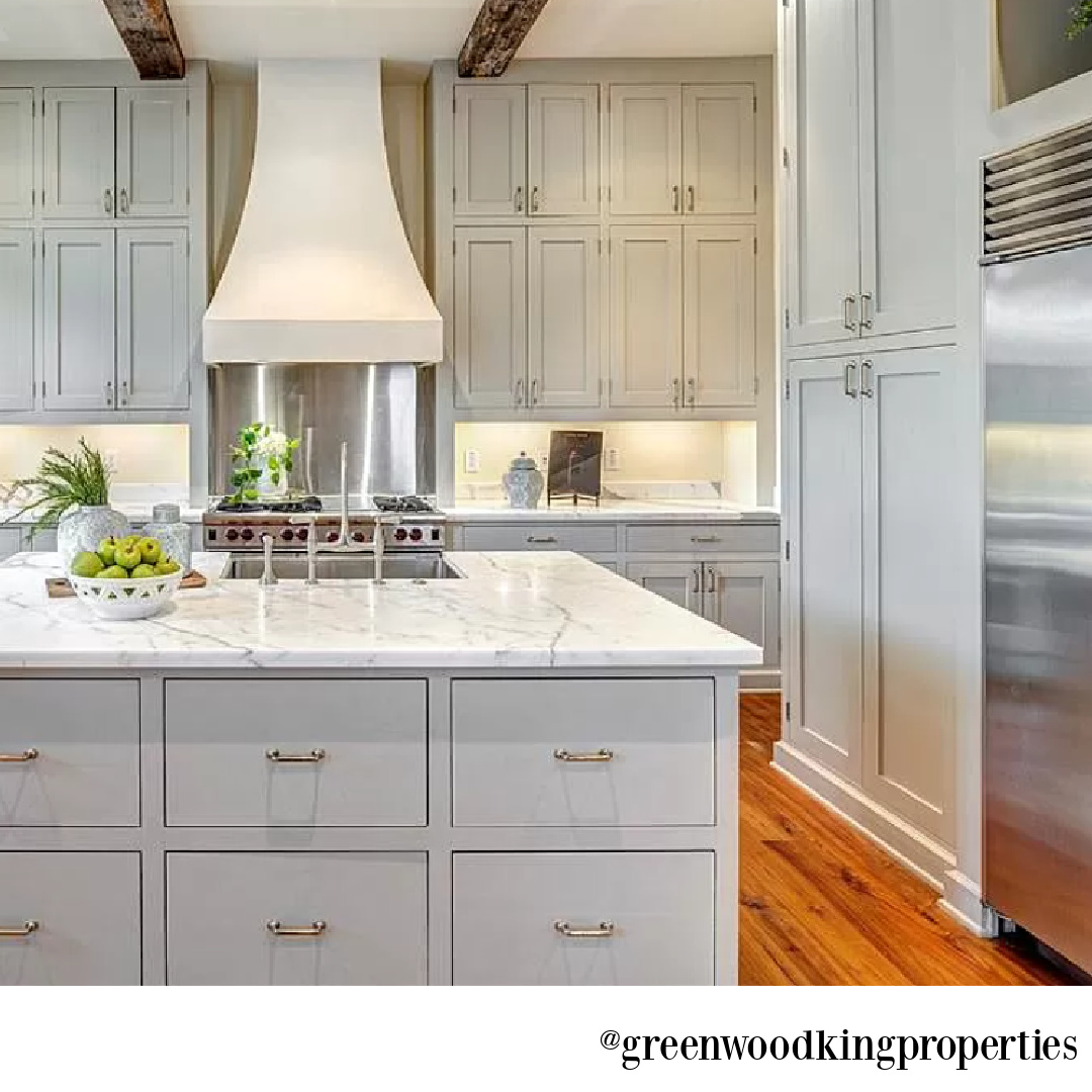 Light grey kitchen in modern French Houston Home (1119 Berthea St.) - @greenwoodkingproperties. #modernfrench #interiordesign #greykitchens #frenchkitchen