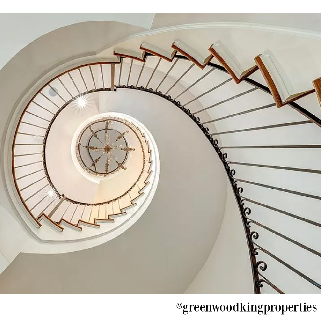 Staircase in modern French Houston Home (1119 Berthea St.) - @greenwoodkingproperties. #modernfrench #interiordesign #staircases