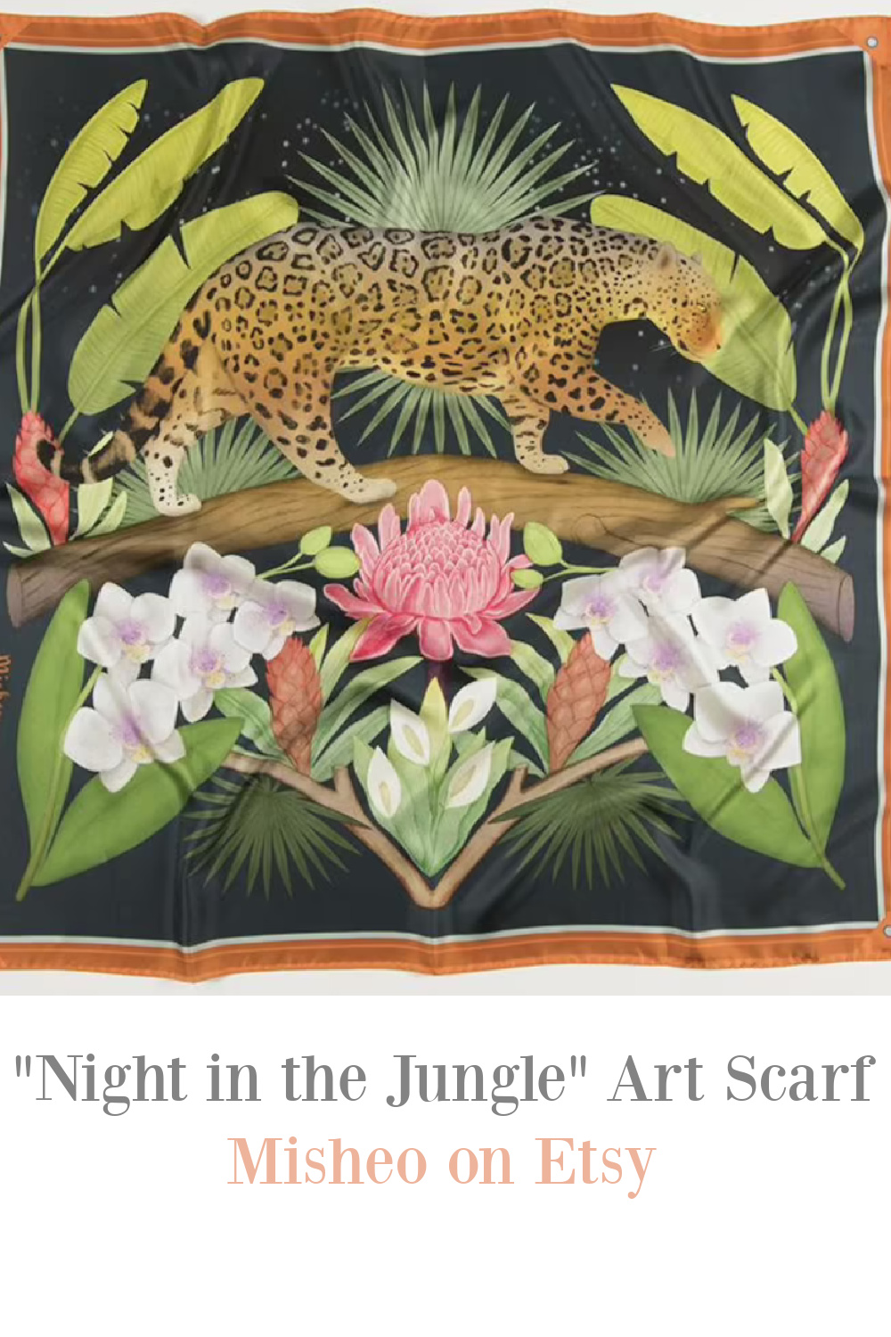 Jaguar, tropical fauna, colorful scarf entitled "Night in the Jungle" by Misheo on Etsy. #artscarf #jaguar #jungleprint