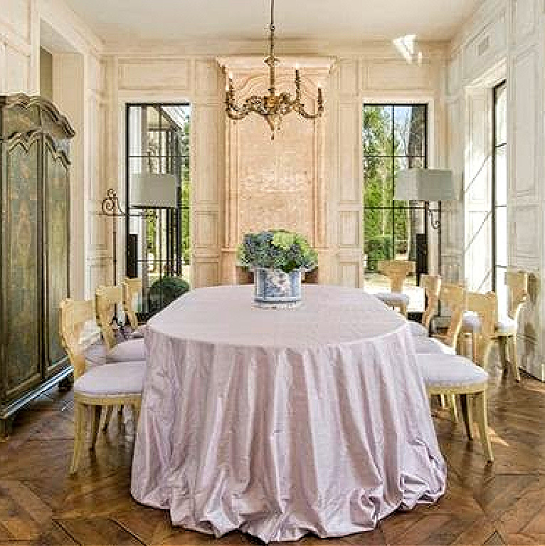 Magnificent French farmhouse dining room designed by Pamela Pierce in a Houston home by Reagan Andre. #diningrooms #french #interiordesign