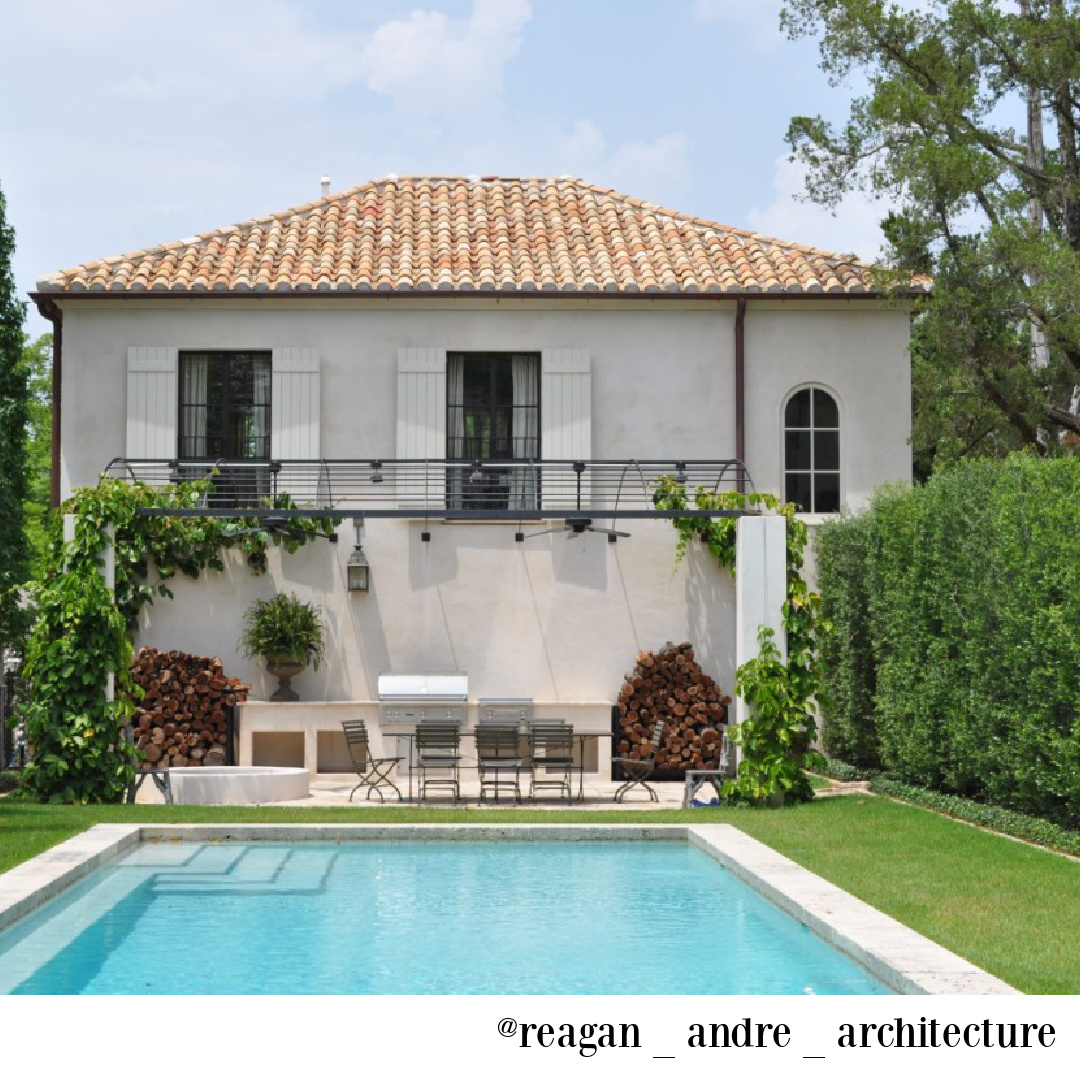 Elegant French country house exterior and pool - design by Pamela Pierce; architecture by Regan Andre. #frenchcountry #exterior #houseexteriors #pool #housedesign #frenchhome