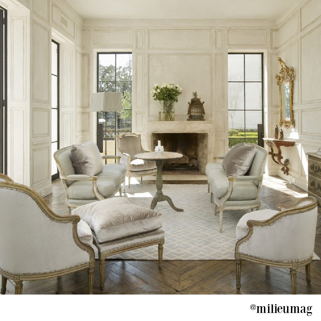 Elegant white French country living room by Pamela Pierce in Milieu magazine. #pamelapierce #livingroomdesign #frenchcountry