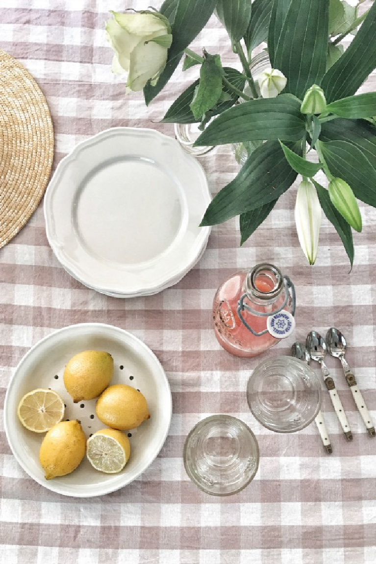 Rose pink check French tablecloth set for an outdoor picnic. #vivietmargot #frenchfarmhouse #checks