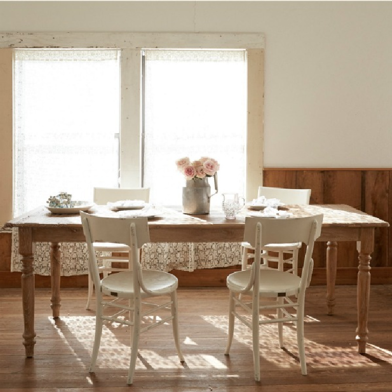 Shabby Chic Couture farm table and chairs at the Prairie by Rachel Ashwell. #shabbychic #farmtable #diningrooms