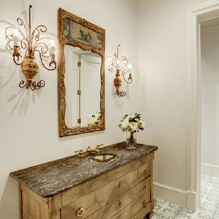 Bathroom in breathtaking French inspired Houston Home (2535 Inwood). #frenchcountry #housedesign #interiordesign #luxuryhome #frenchhome #sophisticateddecor #bathroomdesign