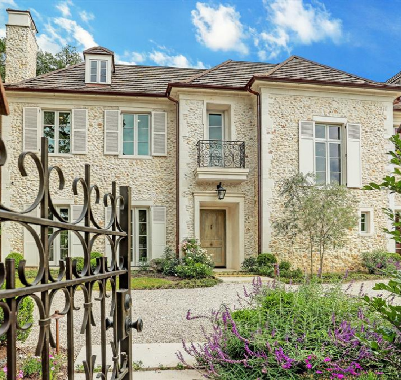 Front facade exterior of stunning staircase in breathtaking French inspired Houston Home (2535 Inwood). Come see more old world new builds! #frenchcountry #housedesign #interiordesign #luxuryhome #frenchhome #exterior