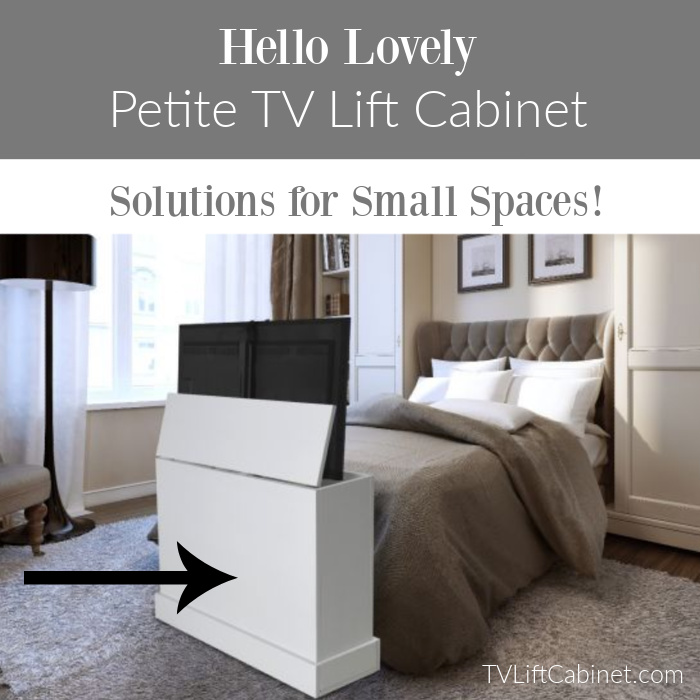 Hello Lovely Petite TV Lift Cabinet from TVLiftCabinet.com - come discover How to Hide a TV: 6 Clever Options With Style! #tvlift #popuptv #tvstorage #liftmechanism #footboardtv #liftcabinets