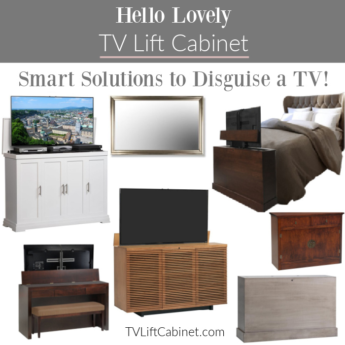 Hello Lovely TV Lift Cabinets! Come discover these Smart solutions to disguise a TV! #tvlifts #mirrortv #tvmirror #footboardtv #tvcabinets