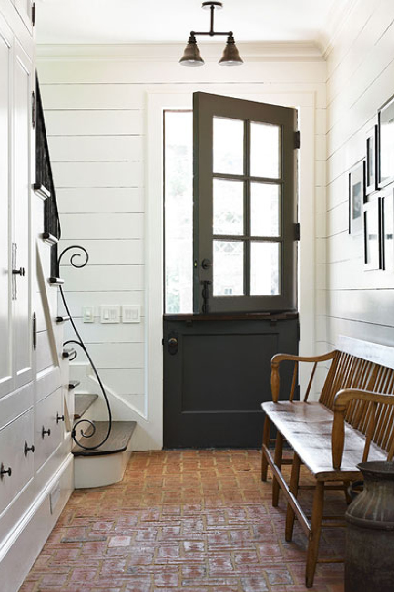 Modern farmhouse entry with dutch door and shiplap painted Benjamin Moore China White - Amy D Morris Interiors. #whitepaint #bestwhites #paintcolors #benjaminmoorechinawhite #entry #shiplap