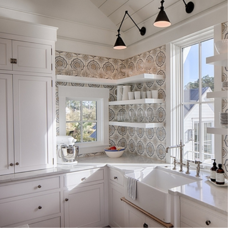 Benjamin Moore White paint on cottage kitchen cabinets in home by Lisa Furey. #benjaminmoorewhite #paintcolors #whitepaint #bestwhites #kitchendecor