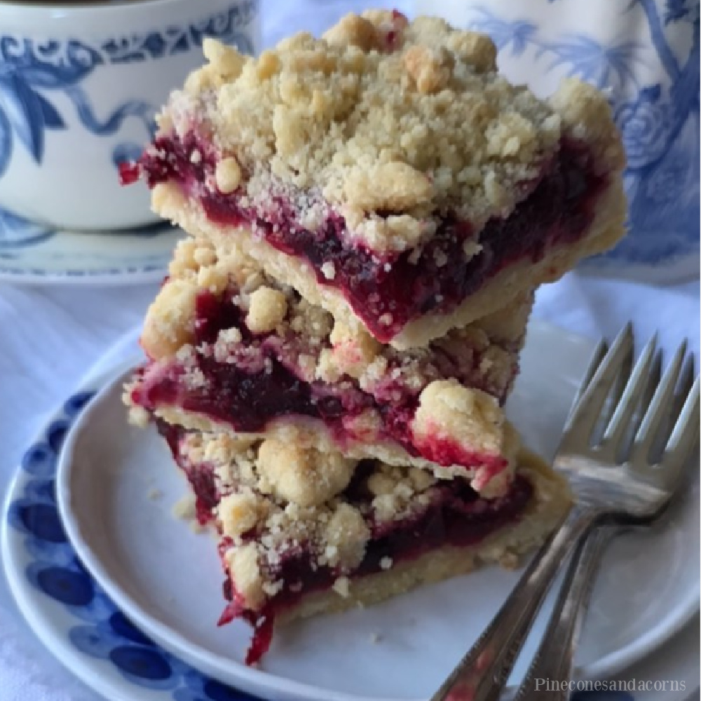 Cranberry crumble bars on blue and white china - Pineconesandacorns. #cranberrybars #fallrecipes