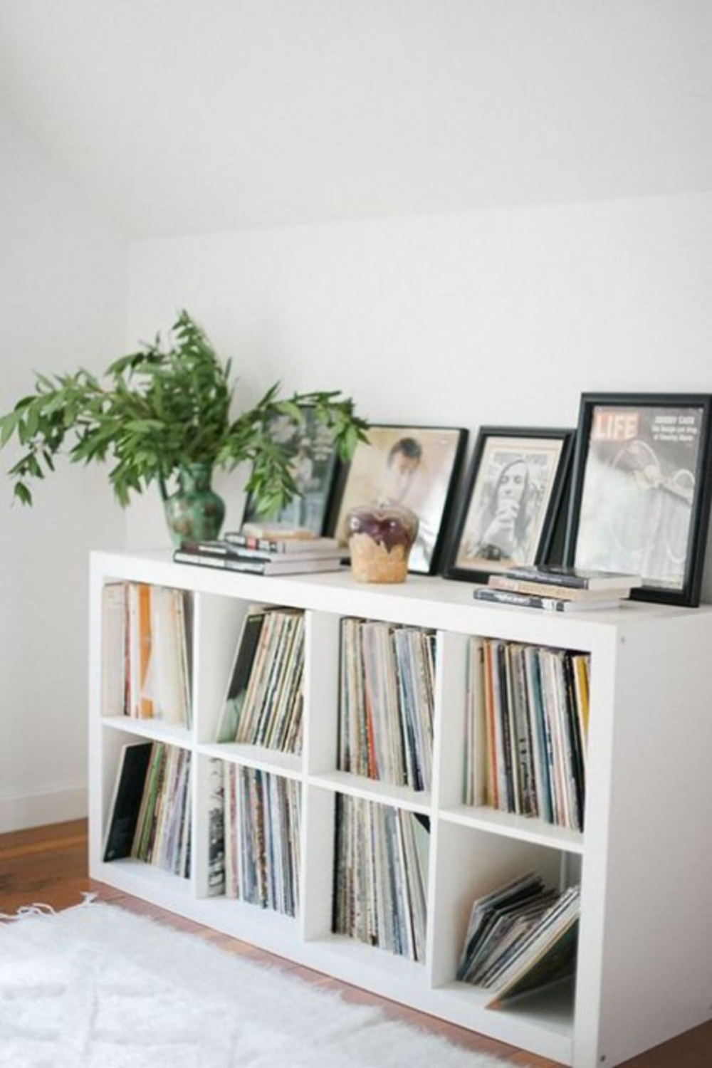 Kallax used as vinyl album record storage and media organization. #kallaxhack #ikeahacks #vinylstorage