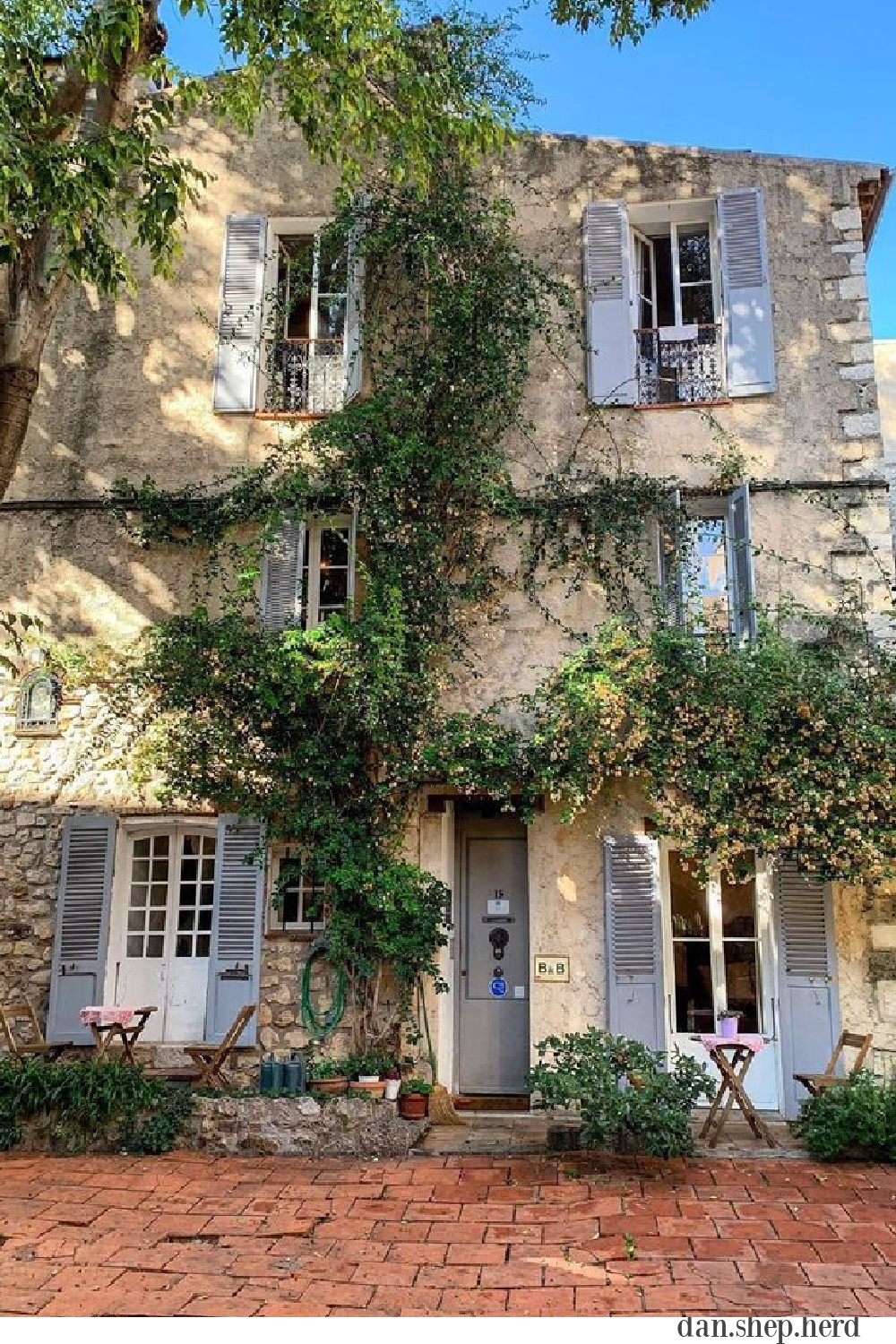 French country home exterior with blue shutters and stone - blissful fall inspo from Antibes! #frenchcountry #houseexteriors #houseinfrance