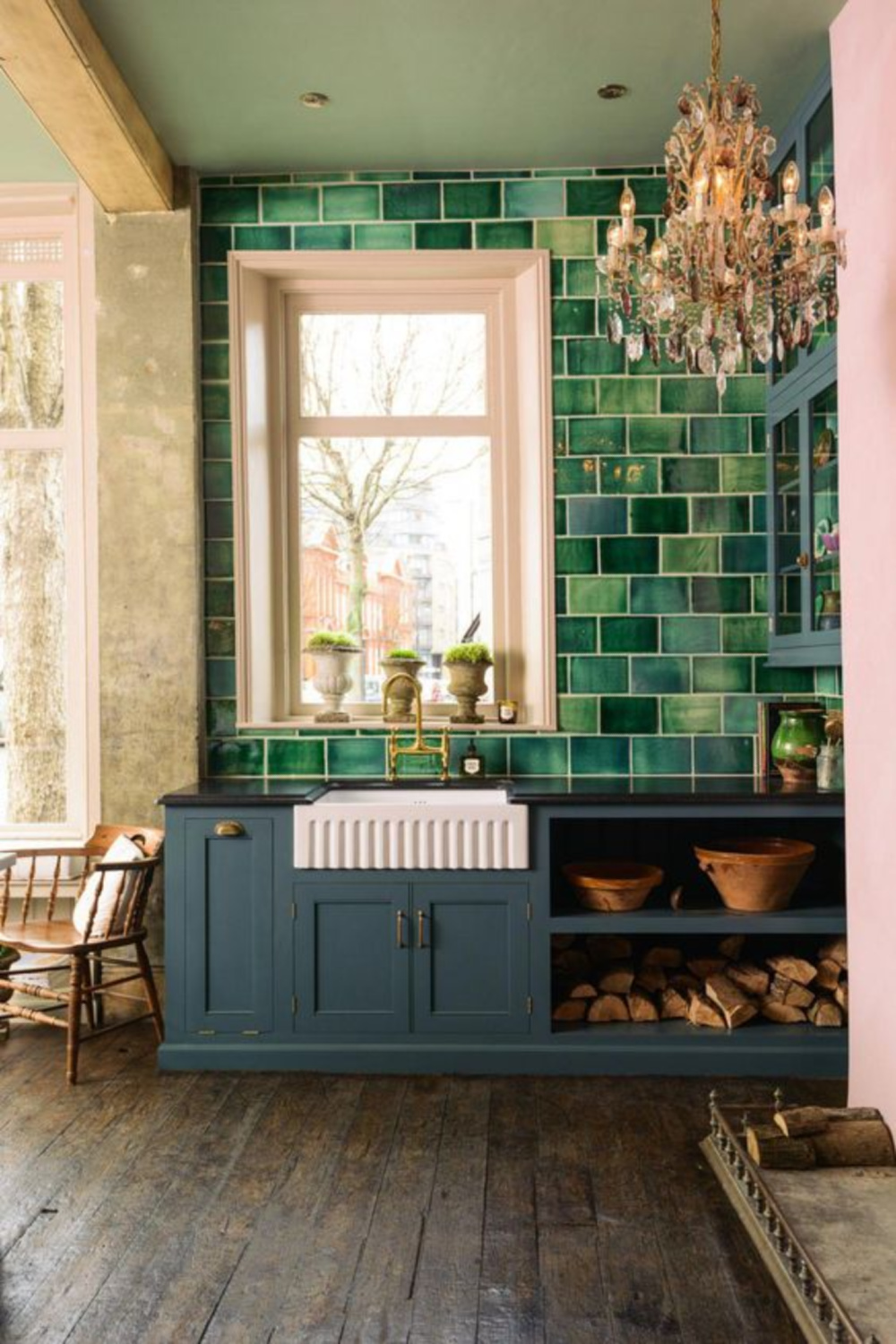 Gorgeous blue kitchen with English country charm by deVOL kitchens. Amazing green glazed handmade tile backsplash. Clerkenwell blue painted cabinetry.