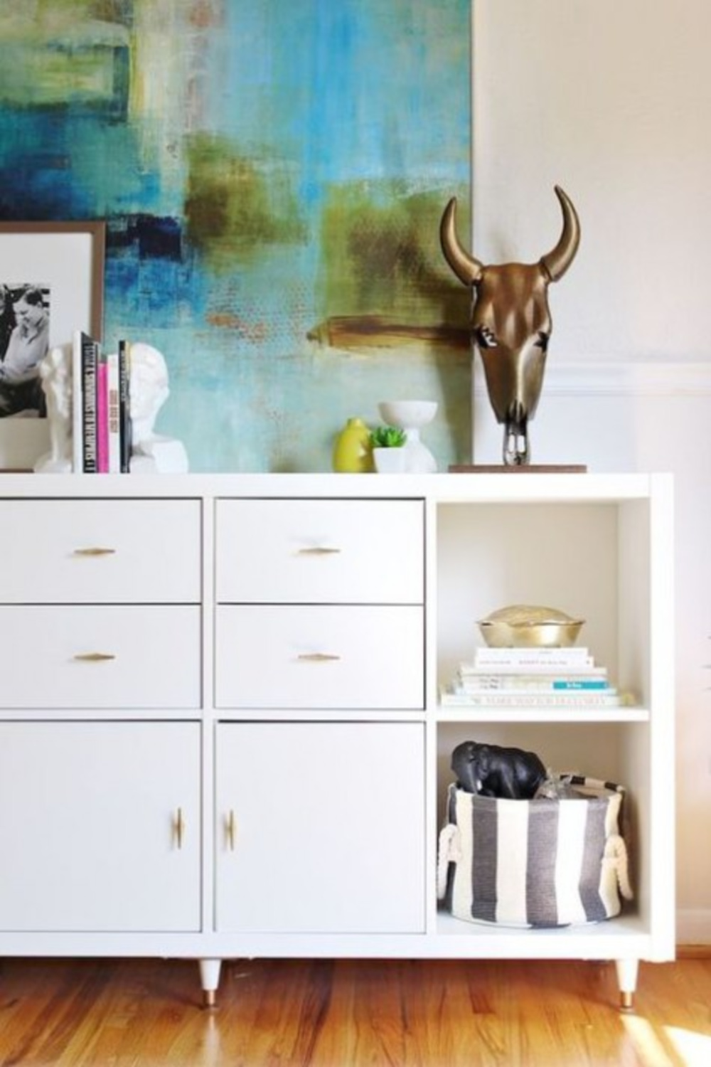 Dresser with Kallax in a bedroom for storage and display. #kallaxhacks #ikeahacks