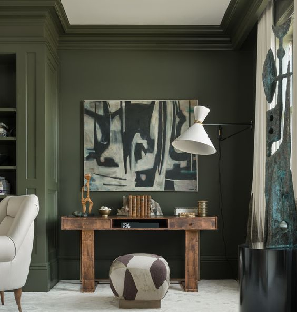 Dark green walls in beautiful living room - Come explore Dark Green Paint, Autumnal Greens & Interior Design Inspiration!