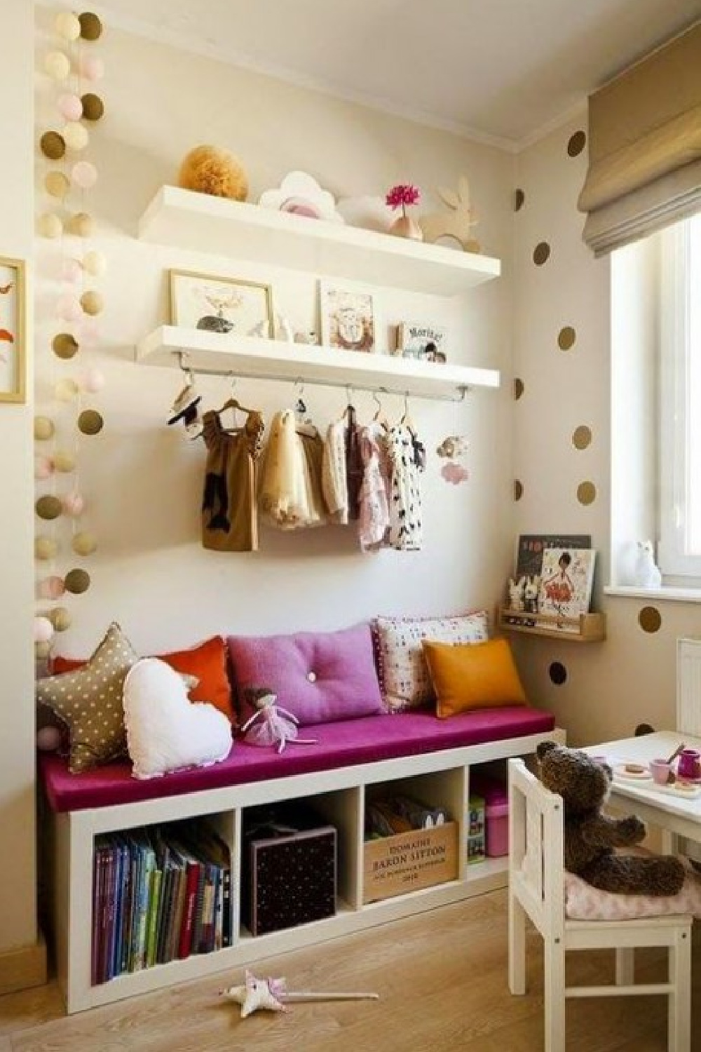 Kids room with Kallax topped with cushion and used as a sweet bench and storage. #kallaxhack #kidsroom