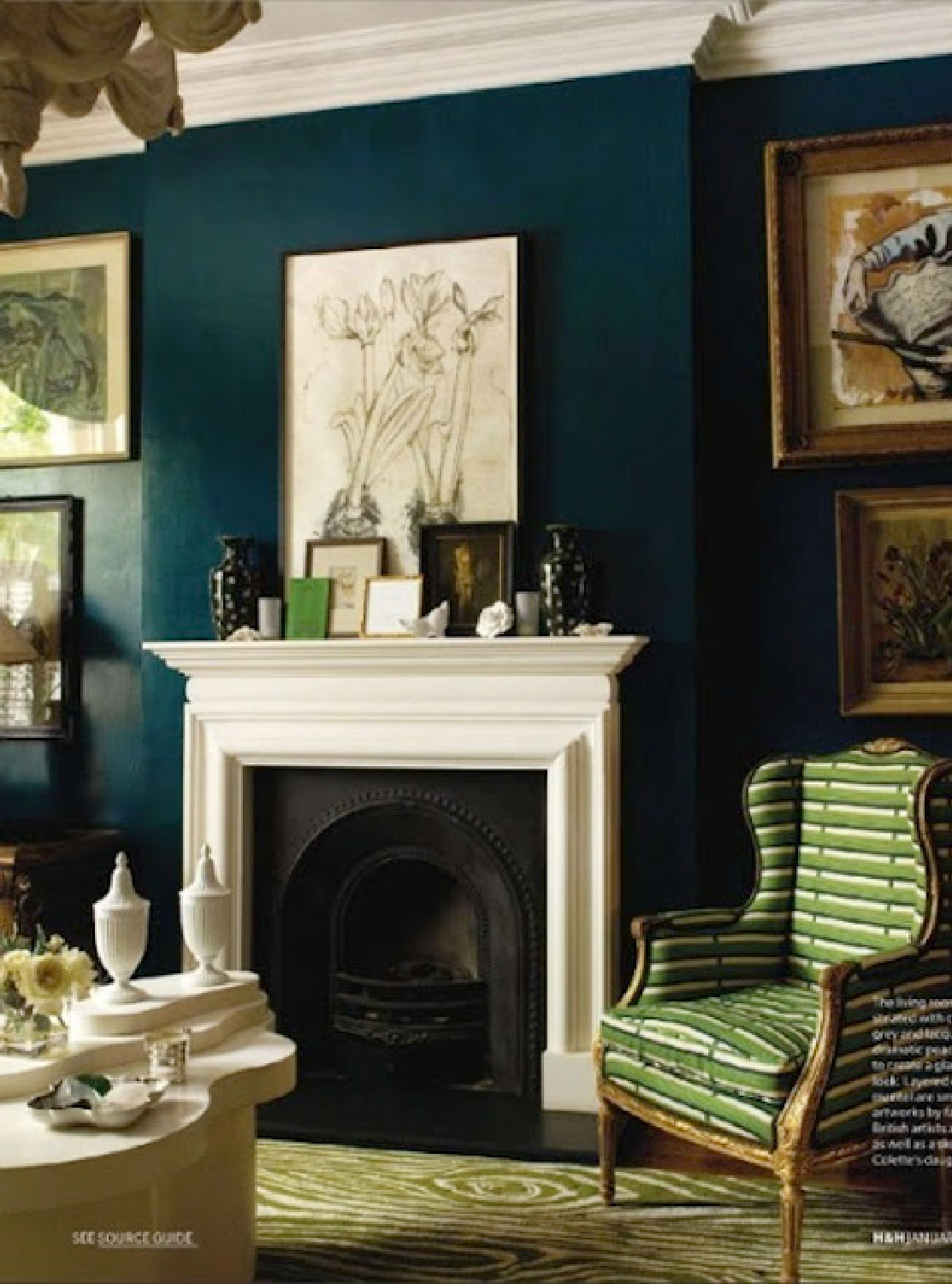 Deep teal walls in classic decorated living room. Come explore Dark Green Paint, Autumnal Greens & Interior Design Inspiration!