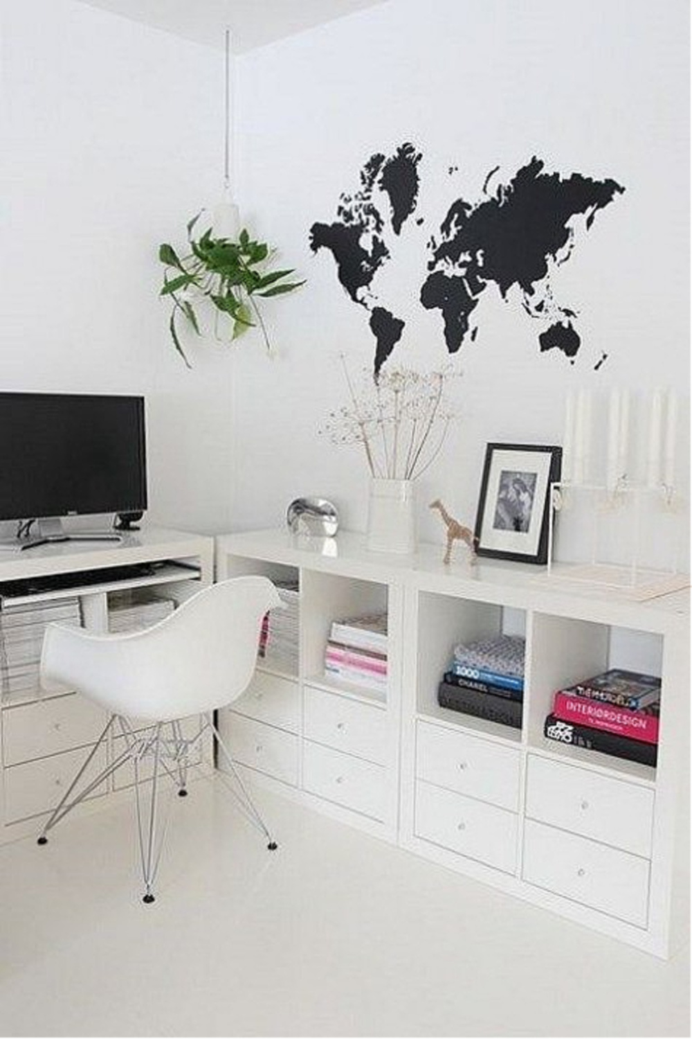 Modern black and white home office with Kallax as low storage credenza console. #kallaxhack #homeoffice