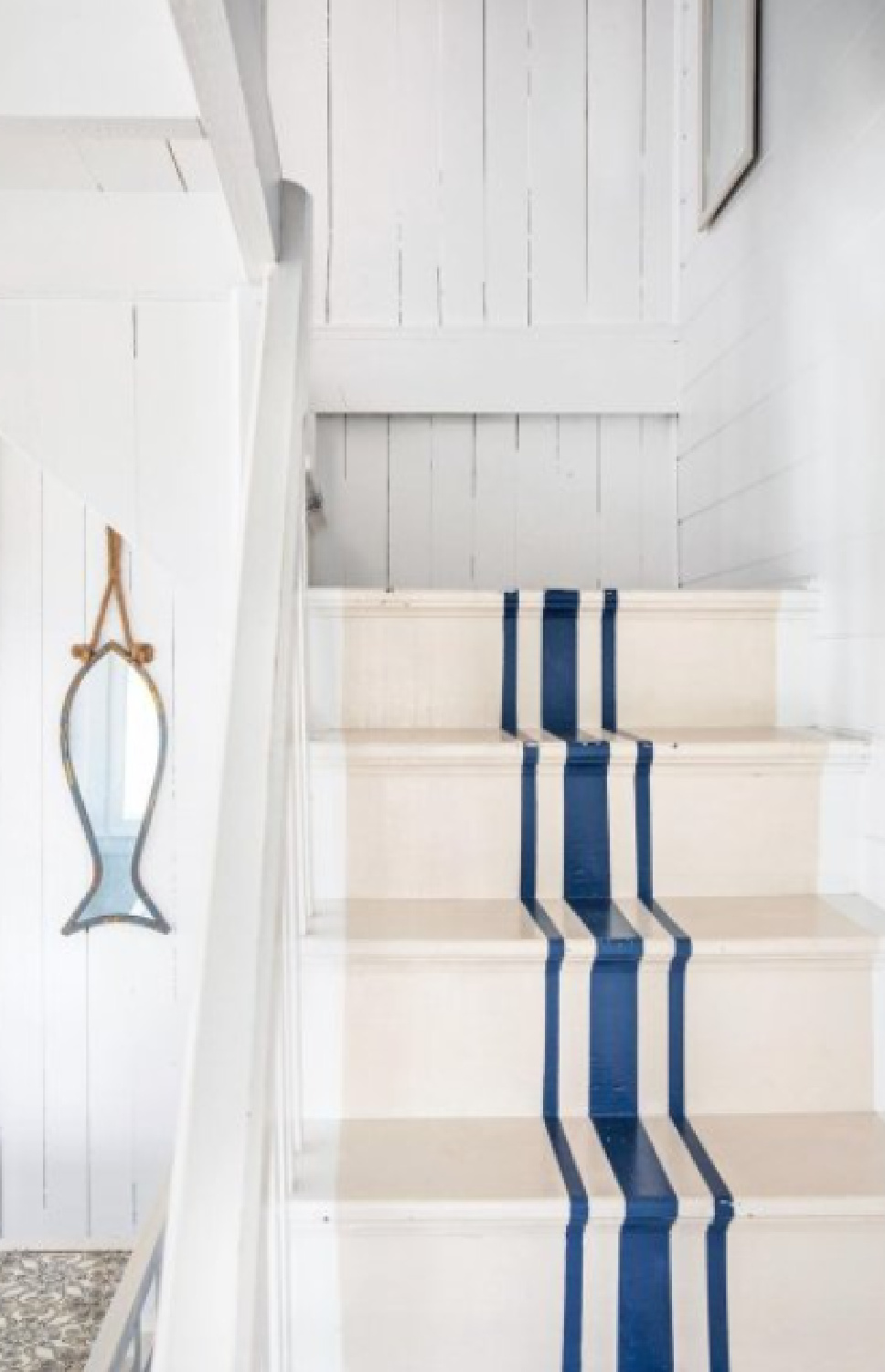 Indigo Batik (Sherwin-Williams) blue stripe painted staircase. #indigobatik #paintcolors