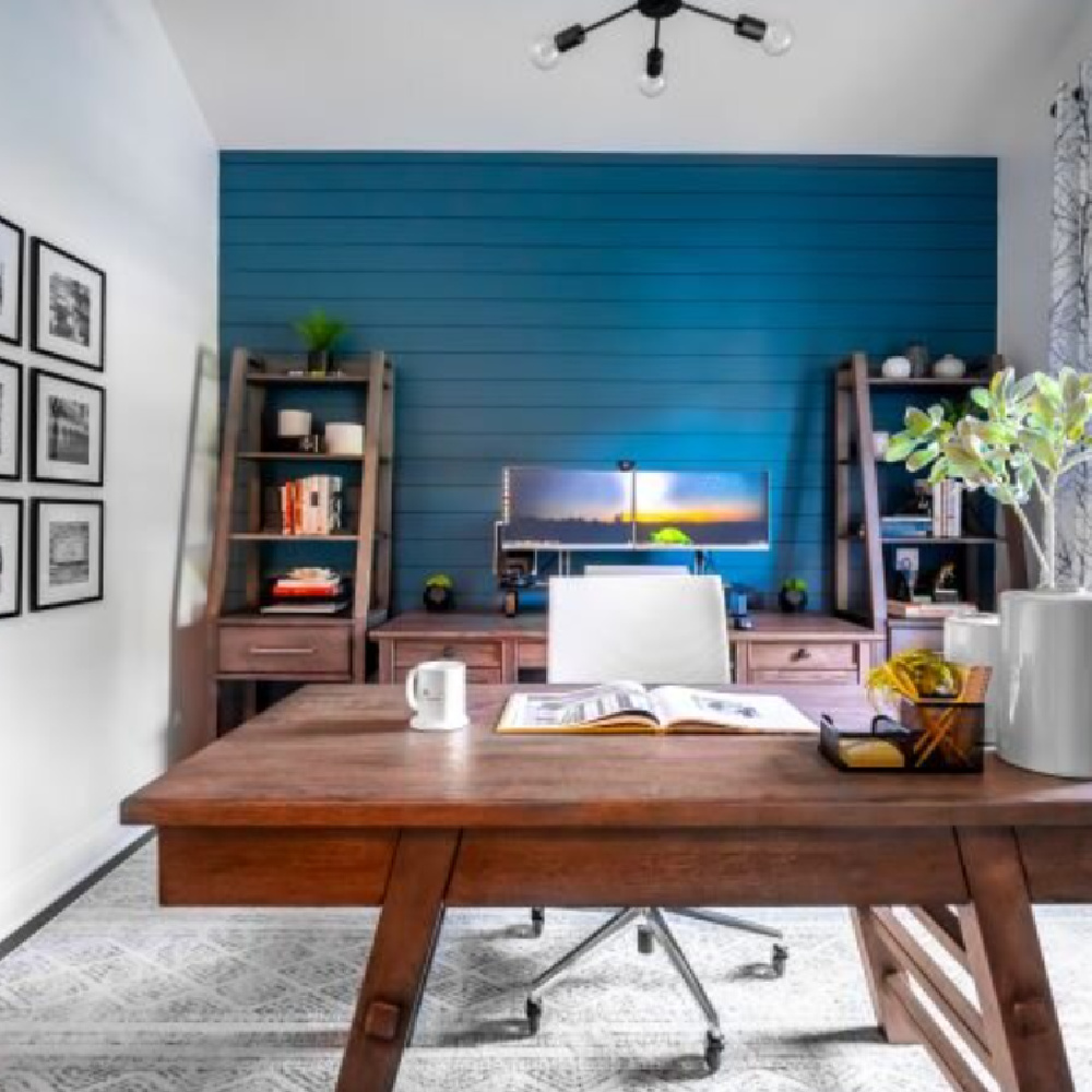 Blue painted shiplap in a home office (SW Waterloo). #waterloo #bluepaintcolors