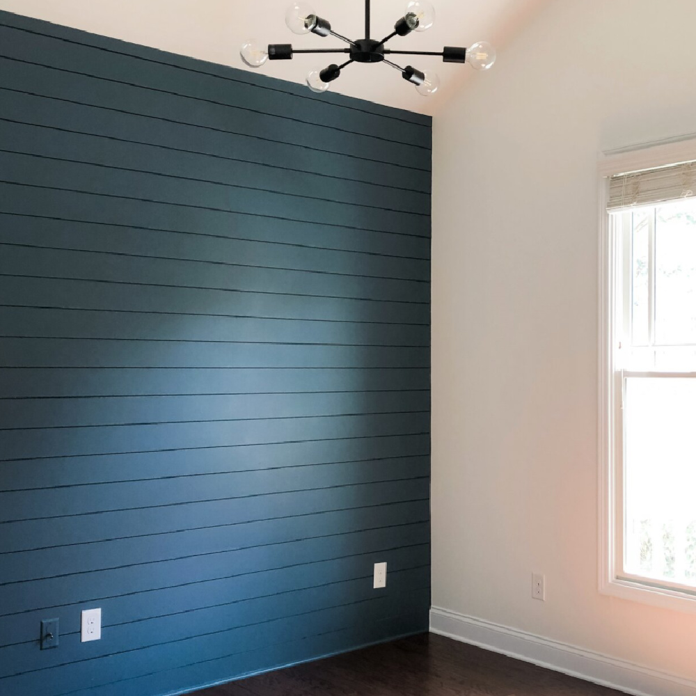 Blue shiplap painted SW Wataerloo - @acquireanddesign. #waterloo #bluepaintcolors #shiplap