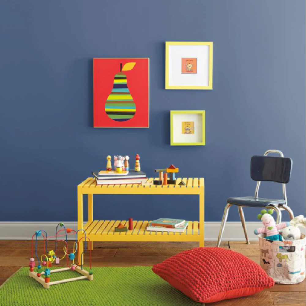 Daring Indigo (Behr) blue paint color in a playroom. #daringindigo #bluepaint #indigoblue