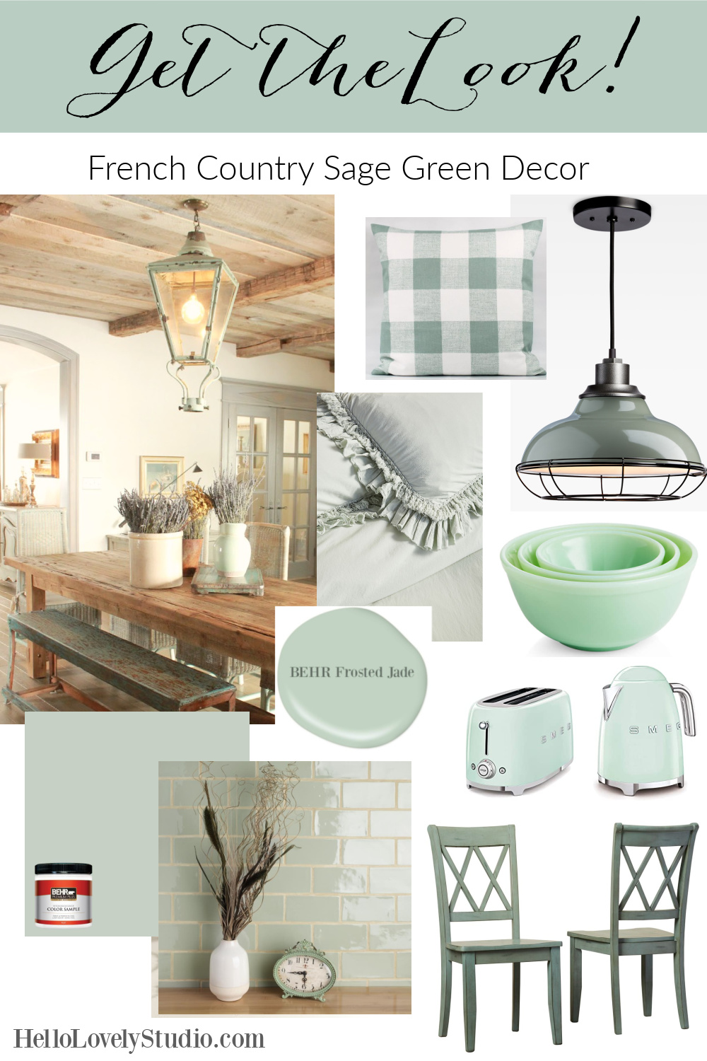 Get the Look: French Country Sage Green Decor on Hello Lovely Studio. #frenchcountry #interiordesign #homedecor #sagegreen #greendecor