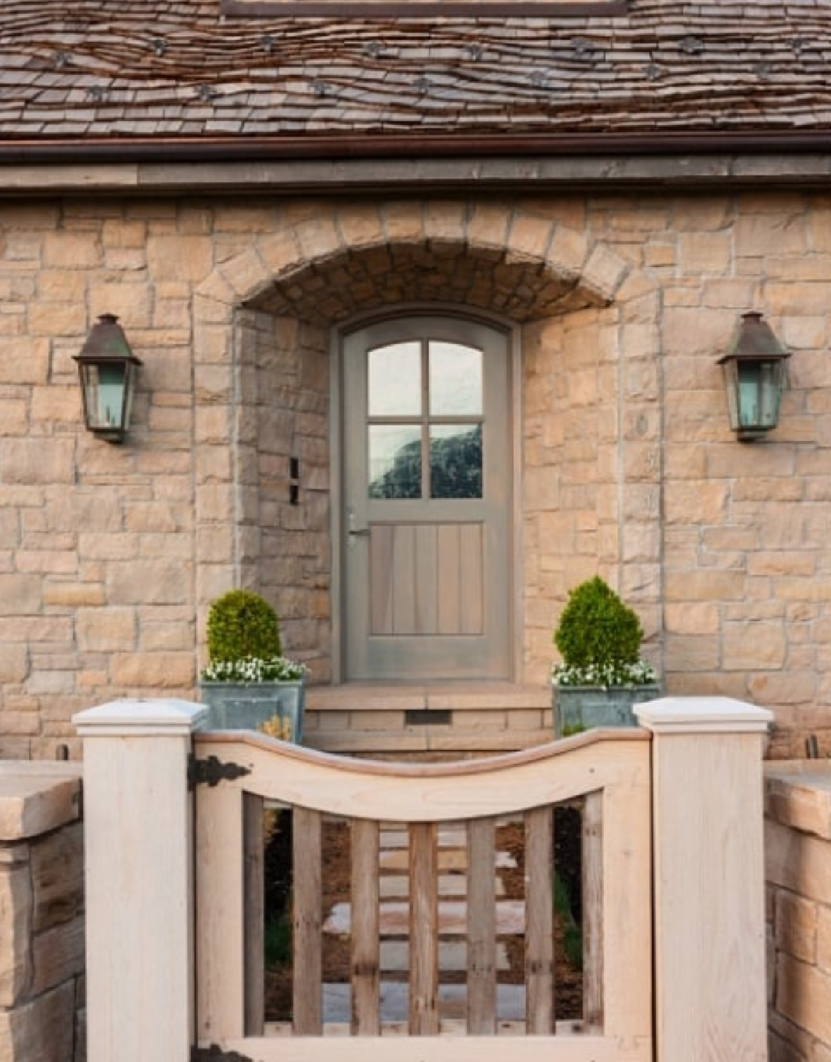 French country stone cottage arched entrance - design by Desiree Ashworth. 