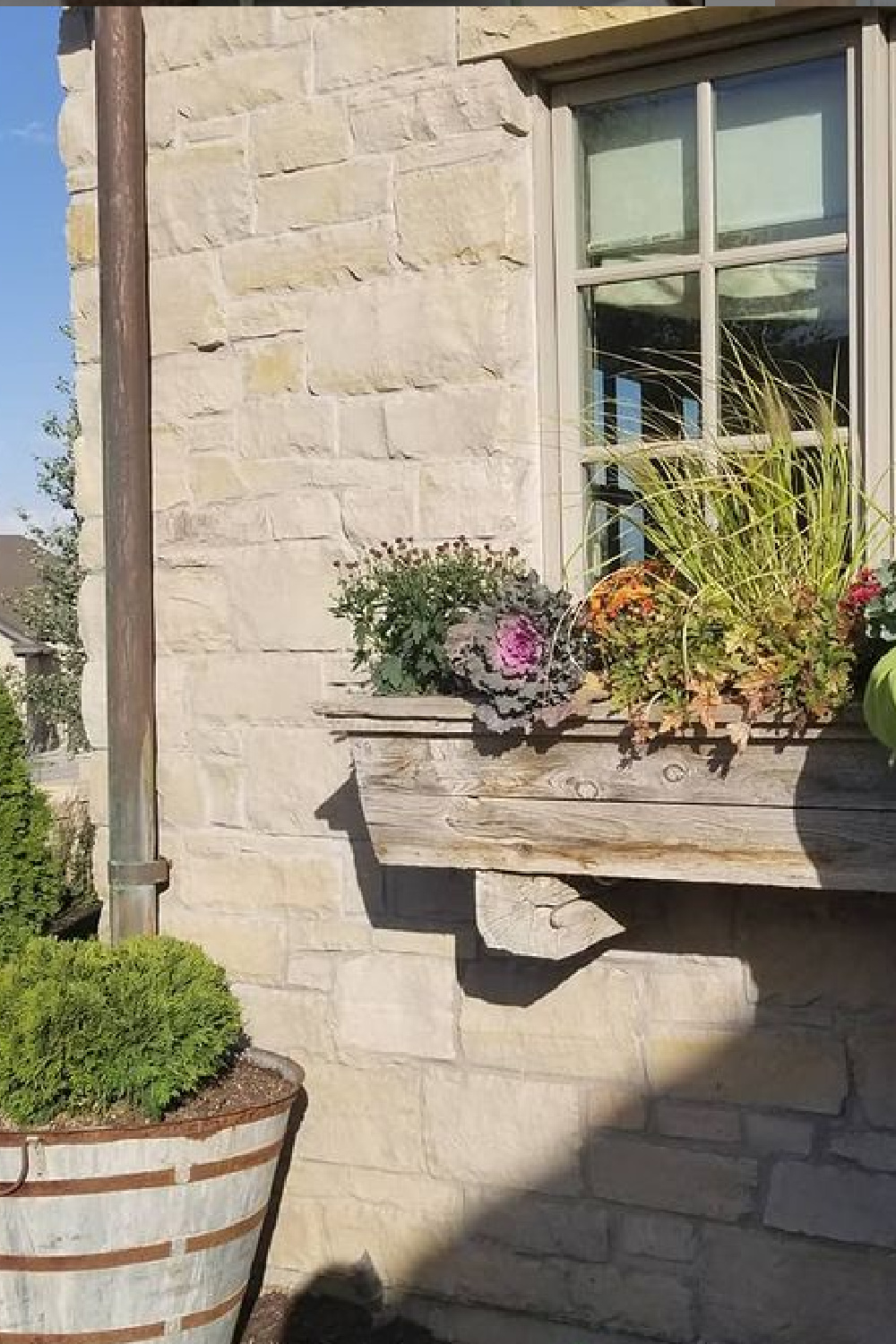 Beautiful fall window box - on a stone cottage - Desiree Ashworth.