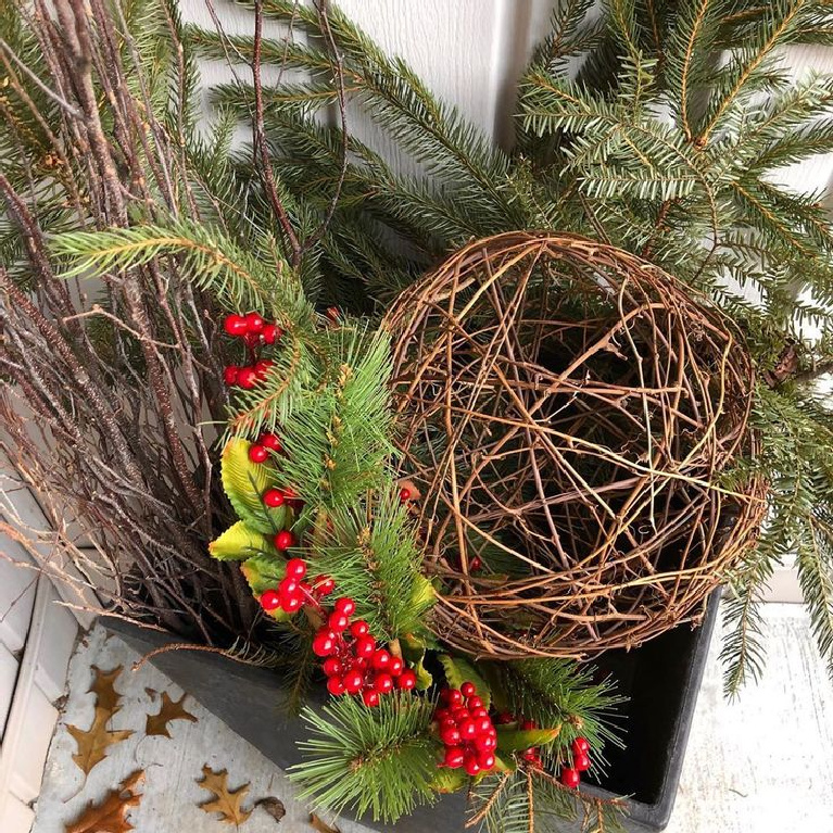 Christmas planter decor with grapevine sphere and fresh greenery with faux berries - Hello Lovely Studio.