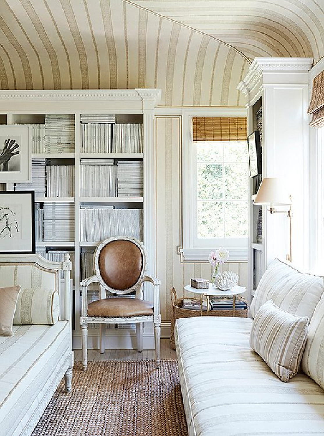 Beautiful study with bookcases of magazines collected by Mark Sikes. #study #interiordesign #neutralinteriors