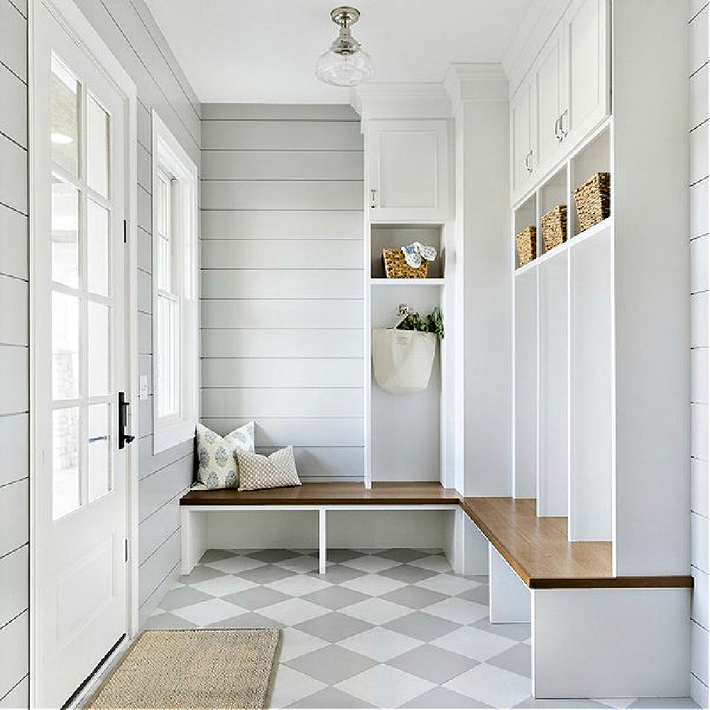 Serene and beautiful mud room with light grey and white check floor, shiplap, and custom built-ins with design by Bria Hammel. Come enjoy Traditional Laundry Room and Mud Room Design Ideas, Resources, and Humor Quotes!