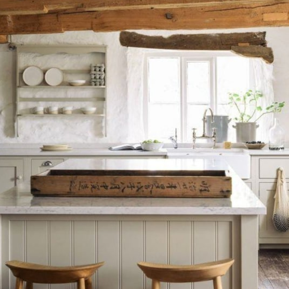 English country bespoke deVOL country kitchen with putty  cabinets, rustic beams, and Old World style. #devol #puttycabinets #englishcountrykitchen