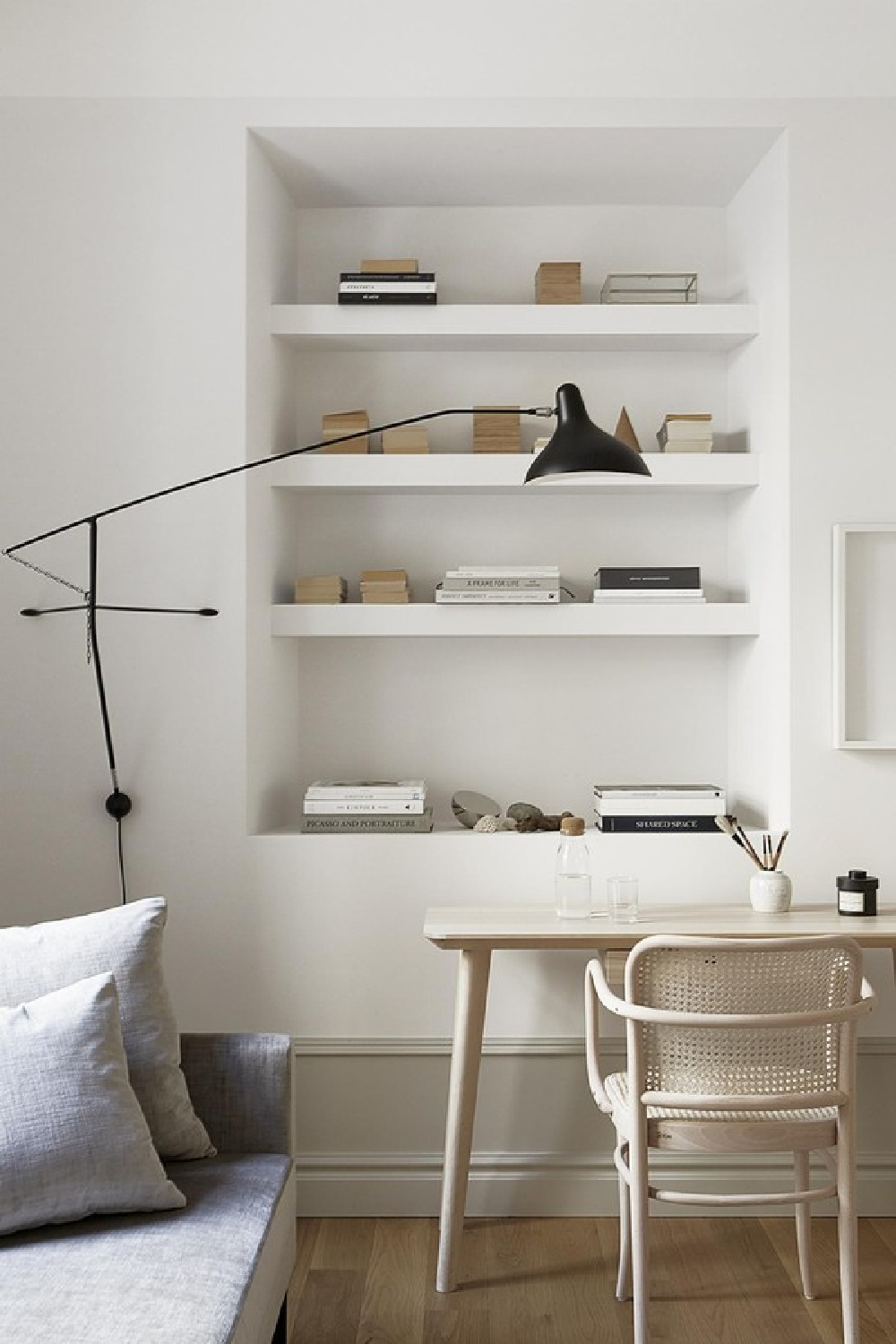 Recessed built-in shelfs in a serene white modern Stockholm apartment - Fantastic Frank.