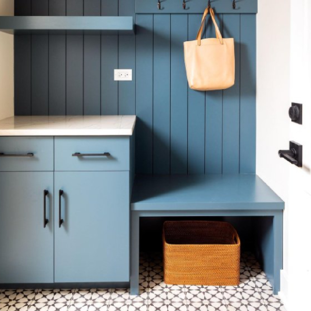 Waterloo (SW) blue paint color with cabinets and beadboard in a mud room - @annabutlerdesigns. #waterloo #bluepaintcolors