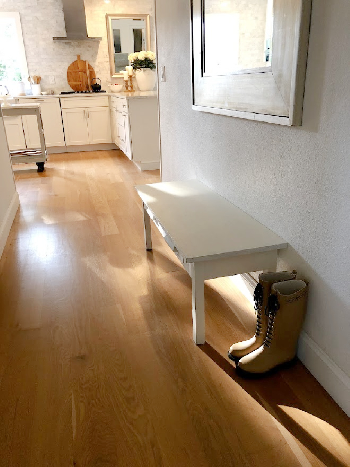 Dappled autumn light in my kitchen and hall with Ilse Jacobsen boots - Hello Lovely Studio.