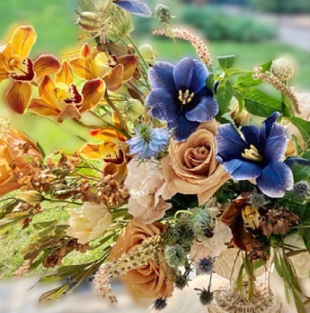 Beautiful fall floral bouquet with blue, golds, and dusty rose - The Flower Theory. #fallbouquet #freshflowers