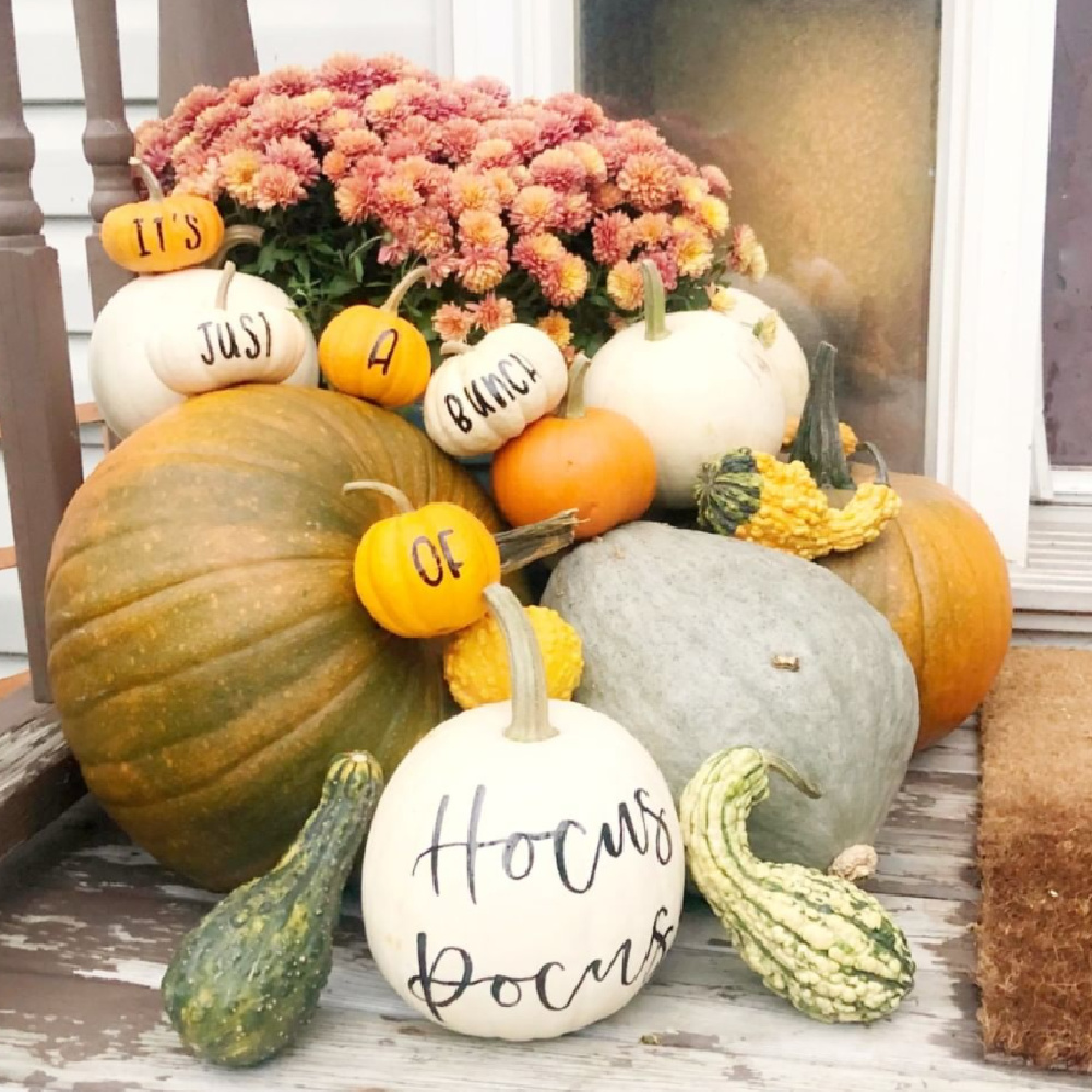 Fall front porch display with painted pumpkins reading "It's just a bunch of hocus pocus" @blushandfaire #paintedpumpkins #fallporch