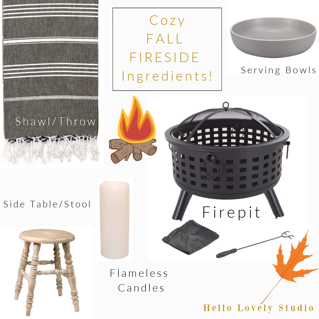 Cozy Fall Fireside Ingredients including firepits and casual farmhouse style decor to warm your patio or deck in autumn - Hello Lovely Studio. #homedecor #falldecor #firepits #cozyfall