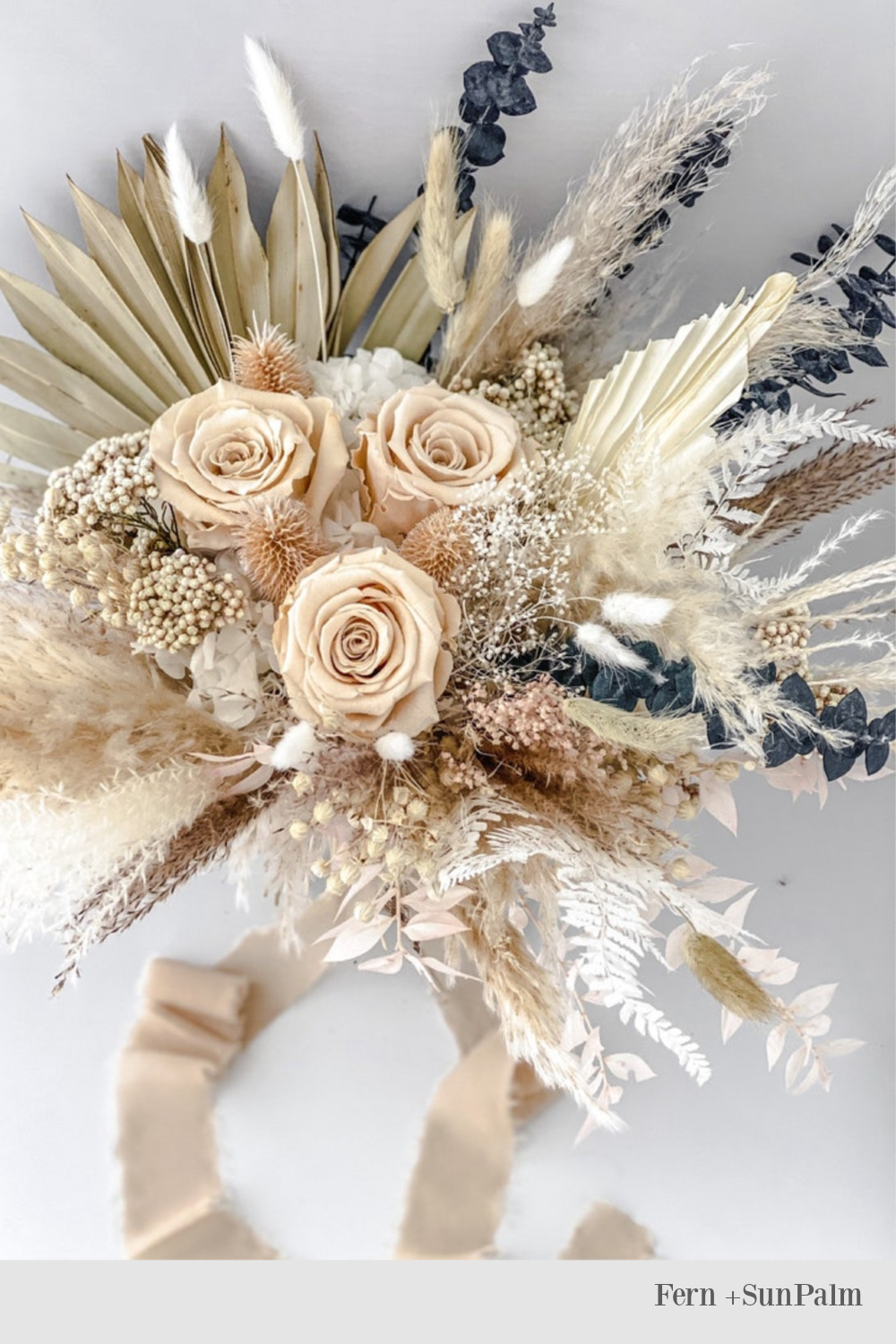 Fall blush pink and eucalyptus pampas grass floral bouquet by FernandSunpalm on Etsy. #floralbouquet #driedflowers #weddingflowers #falldecor