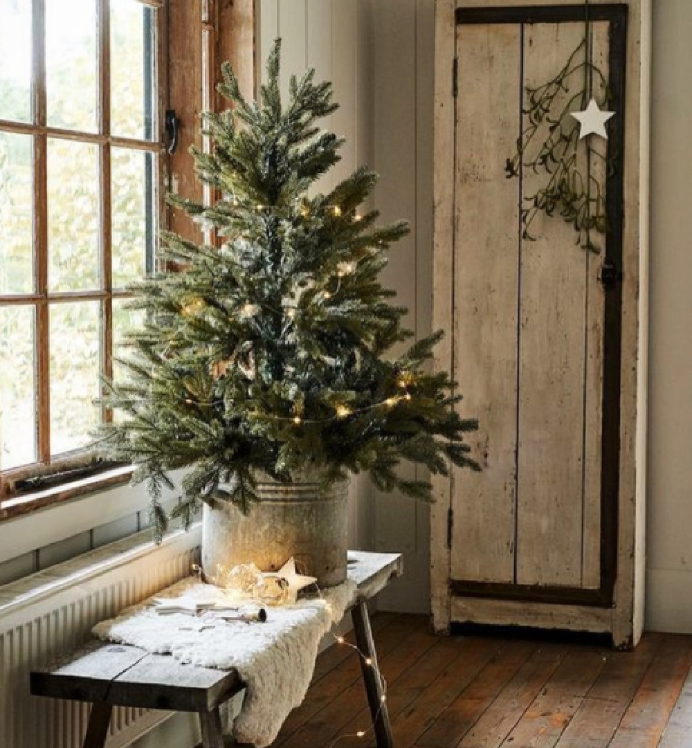 Scandinavian Christmas decor with fresh tree in galvanized bucket with weathered cupboard - Whisper of Vintage. #swedishchristmas #scandichristmas #holidaydecor